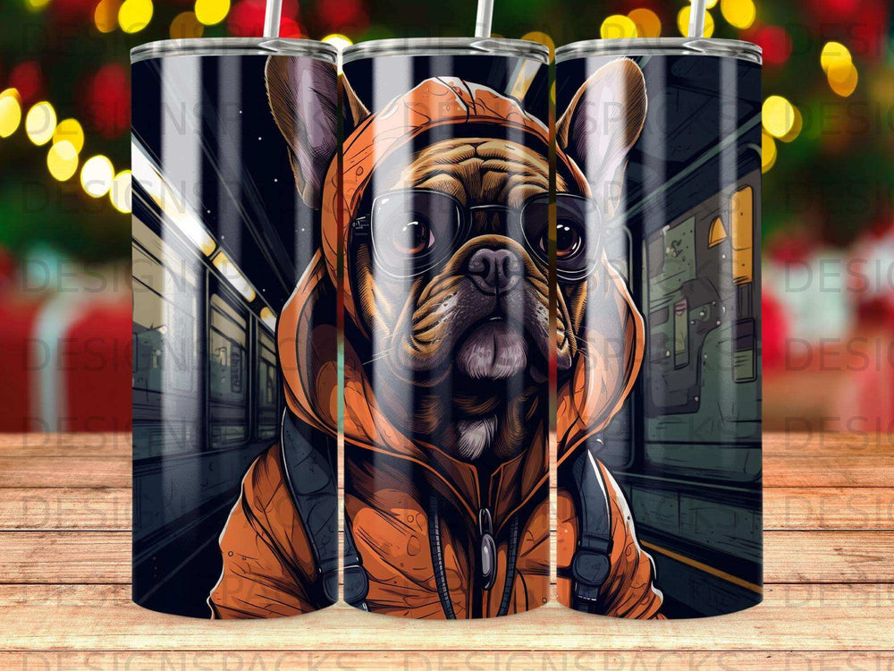French bulldog wearing sunglasses and an orange hoodie on a train.