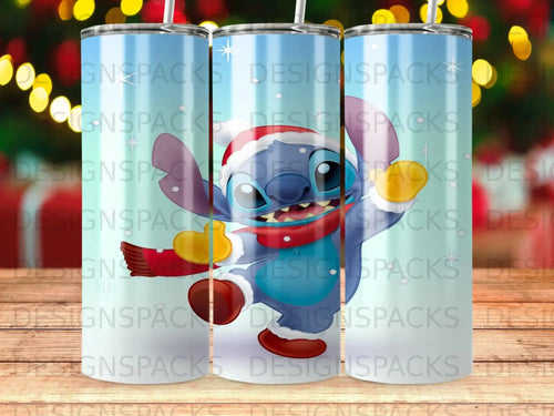 Stitch wearing a Santa hat and scarf, giving a thumbs up.