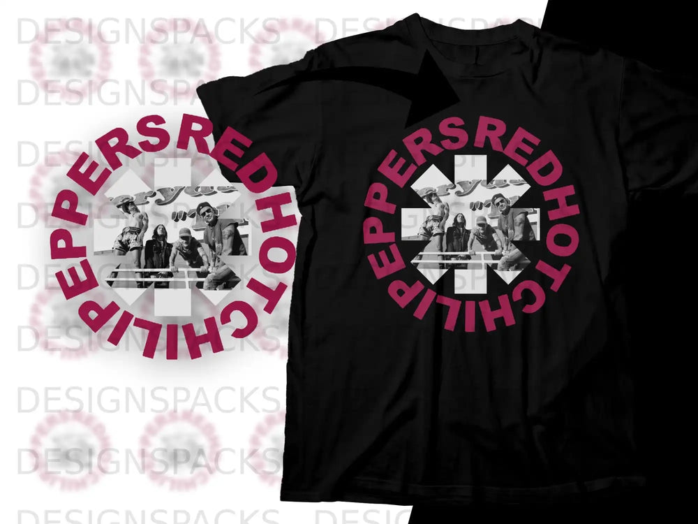 Red Hot Chili Peppers band members on black t-shirt graphic.