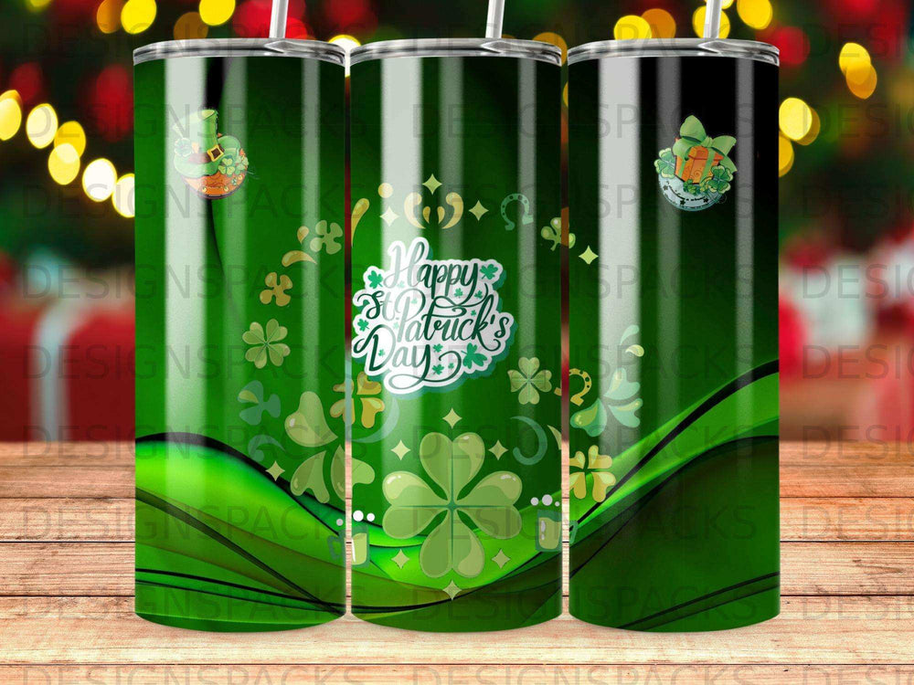 Green tumbler with shamrocks and "Happy St. Patrick's Day" text.