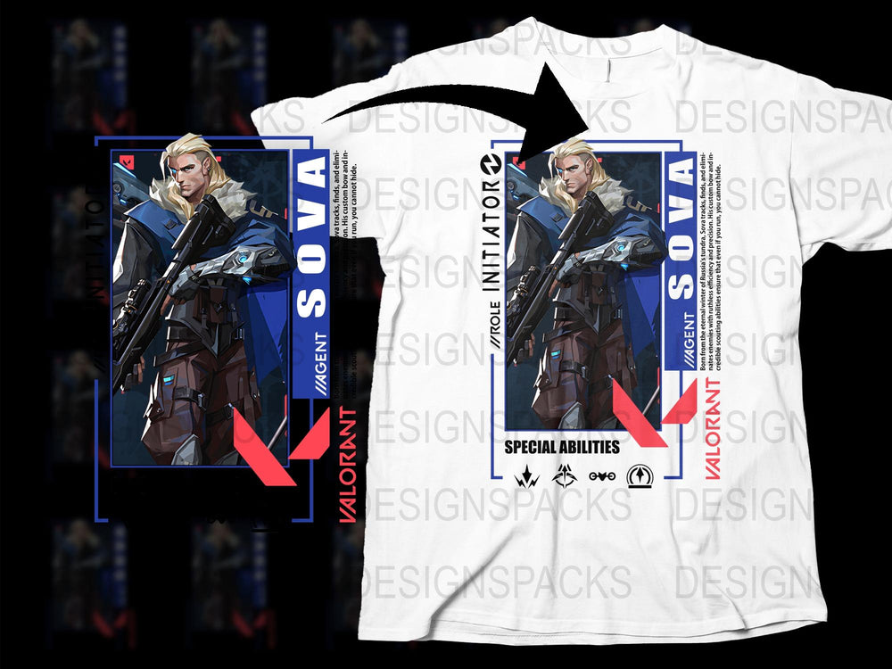 Valorant Sova Character Graphic T-Shirt, Men's White Cotton Tee, Gaming Apparel, Unique Gift for Gamers, Full Print Shirt