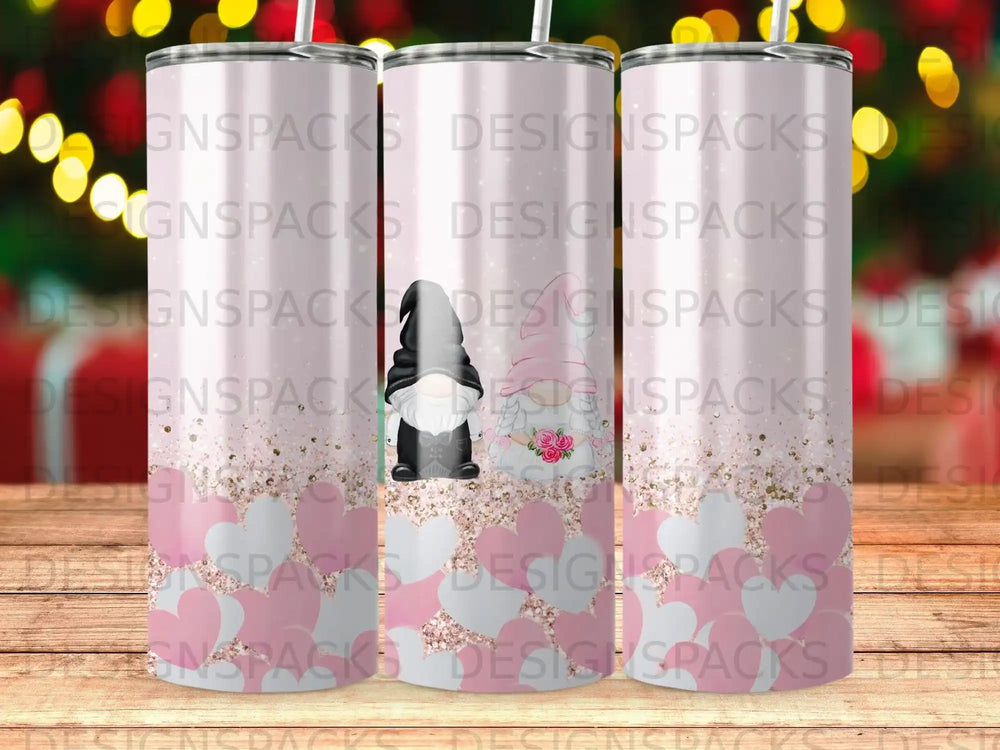 Two gnomes with hearts and glitter on a pink tumbler.