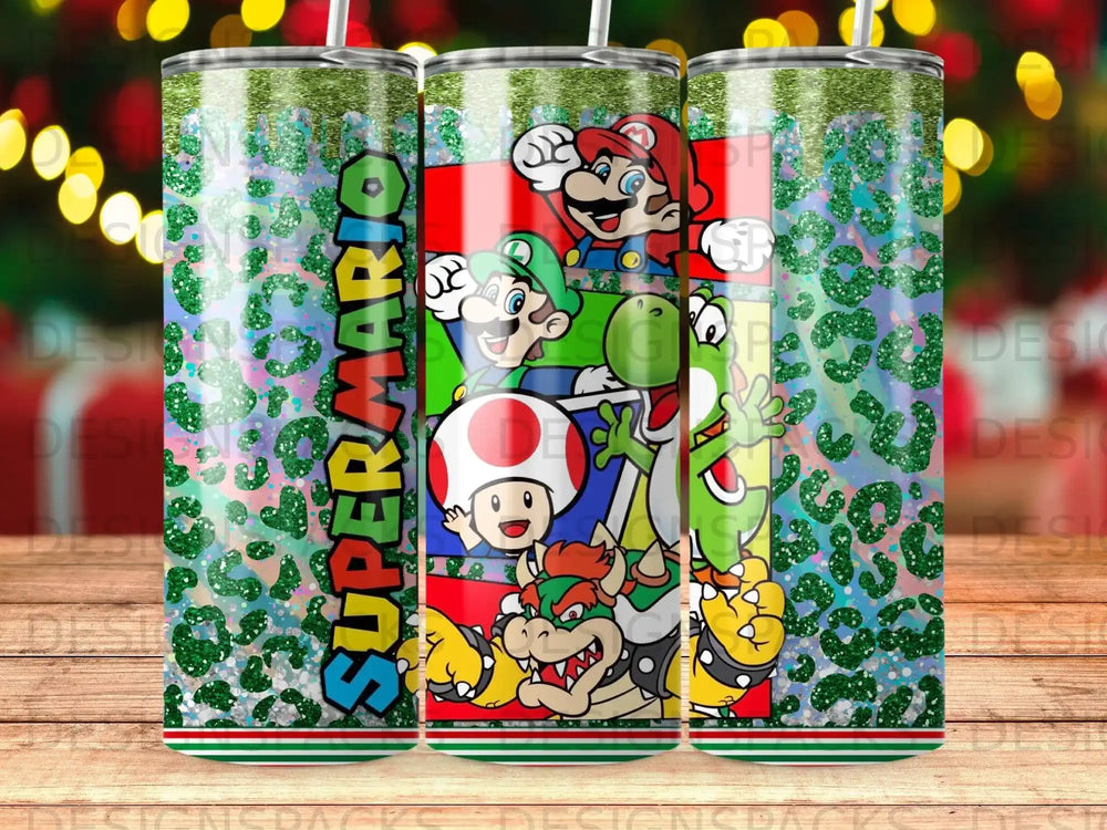 Super Mario characters on a green leopard print tumbler.
