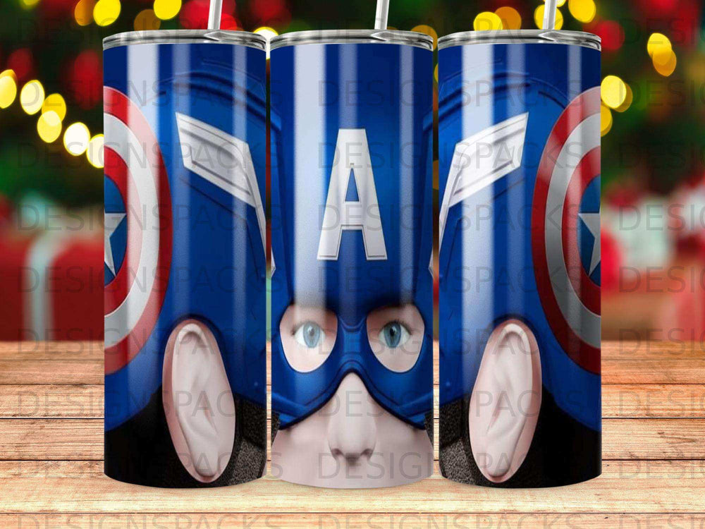 Captain America's helmet on a blue and white insulated tumbler.