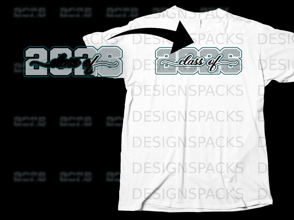 White t-shirt with "class of 2023" graphic in grey and teal.