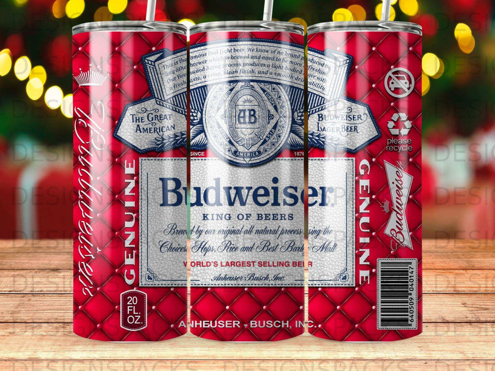 Budweiser beer can with red plaid background and logo.