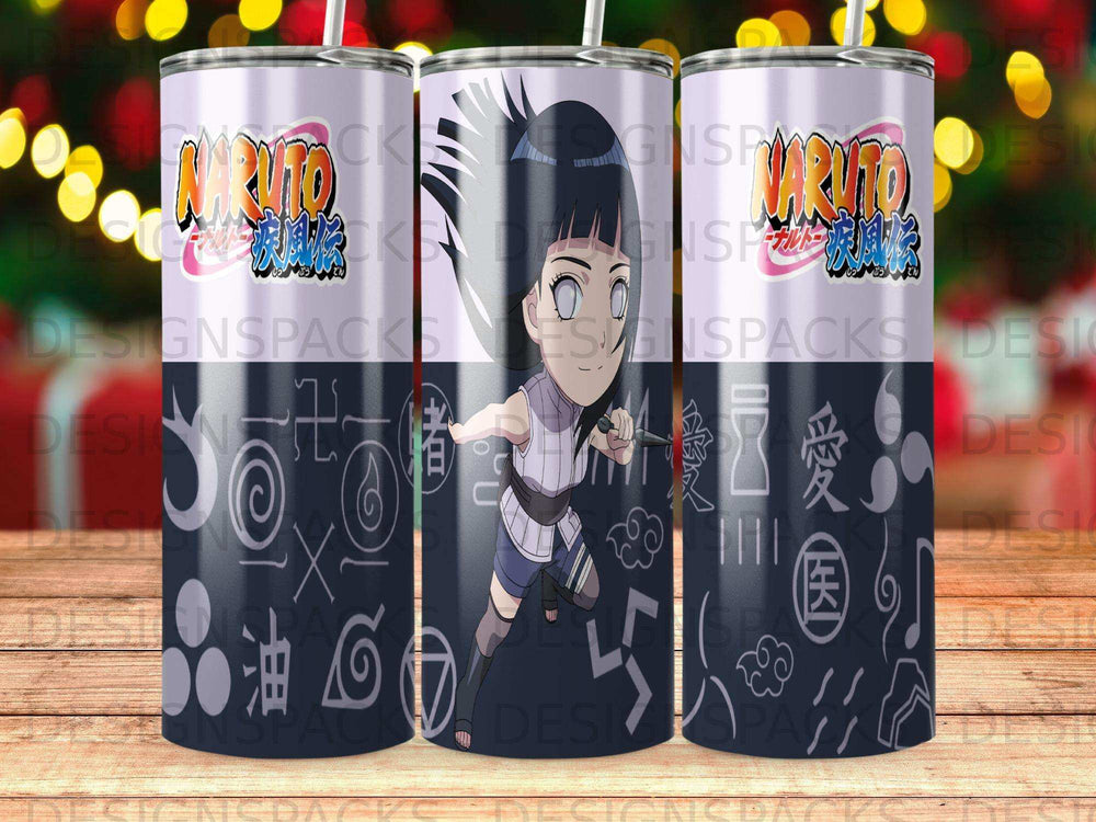 Naruto character Hinata Hyuga on a tumbler with Japanese symbols.