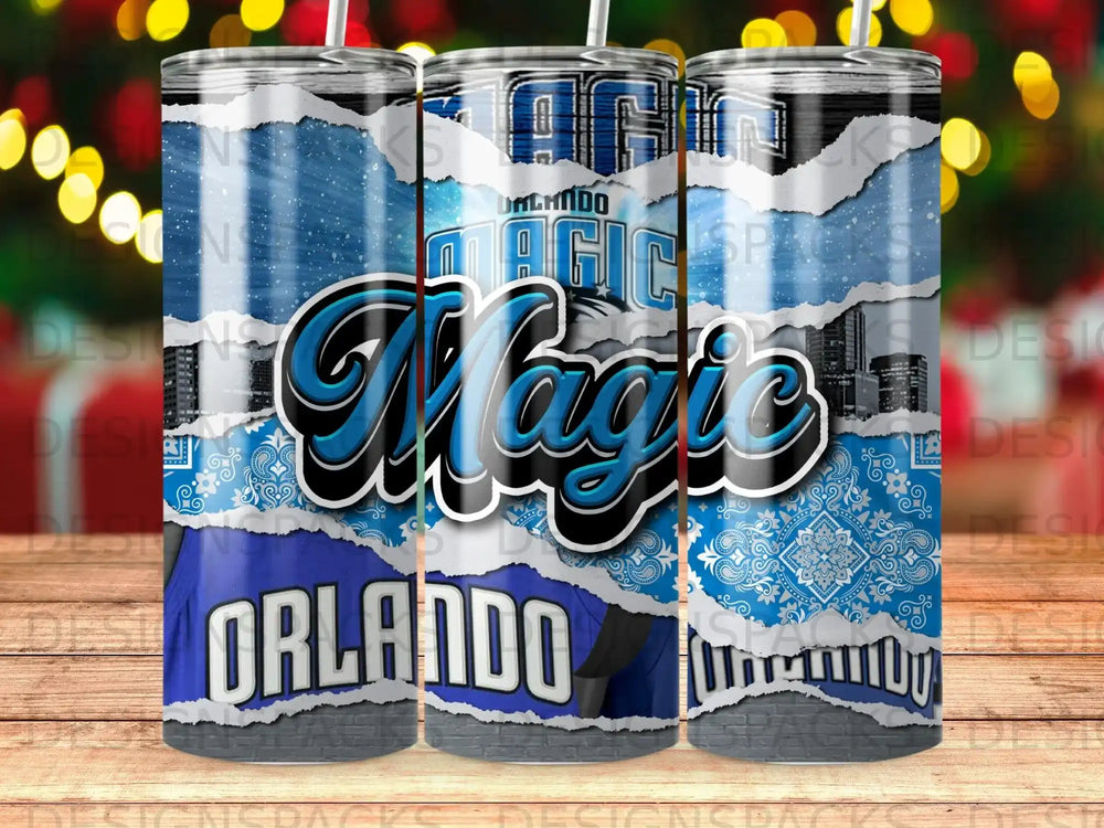 Orlando Magic basketball team logo with torn paper design and city skyline.