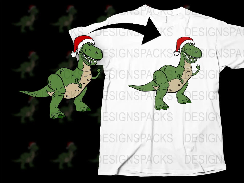 Christmas Dinosaur T-Shirt, Funny T-Rex Santa Hat Holiday Tee, Festive Kids and Adult Sizes