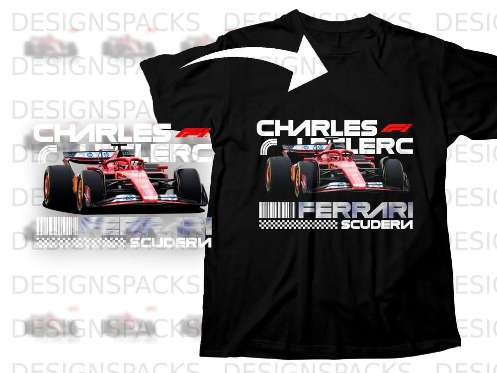 Black t-shirt with Charles Leclerc Ferrari F1 racing design and sponsorship logos.