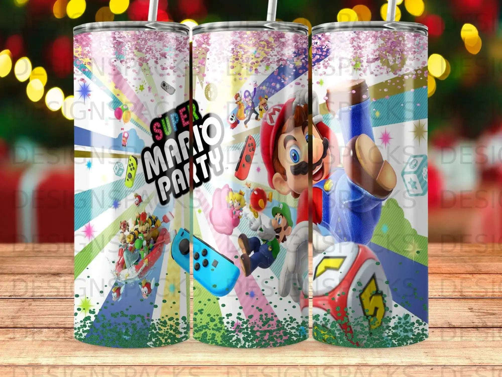 Super Mario Party tumbler with characters and game elements.
