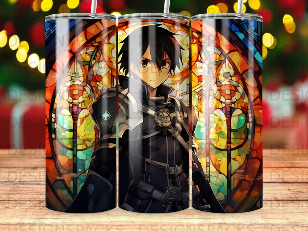Anime character in armor with a stained glass background.
