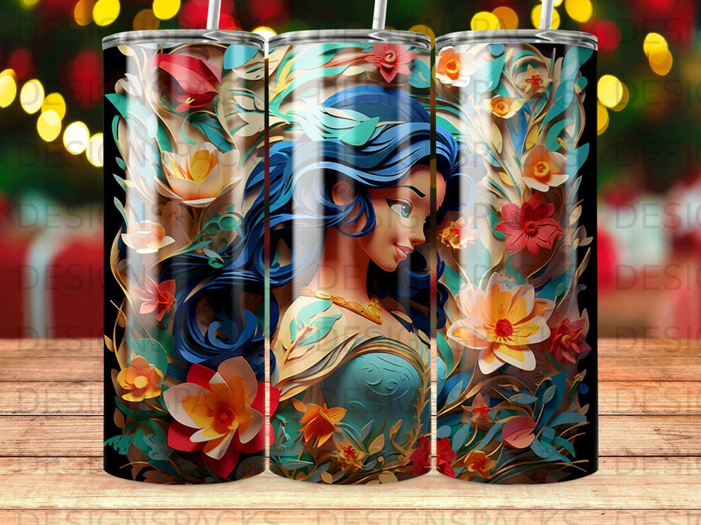 Woman with blue hair surrounded by vibrant floral patterns on a tumbler.