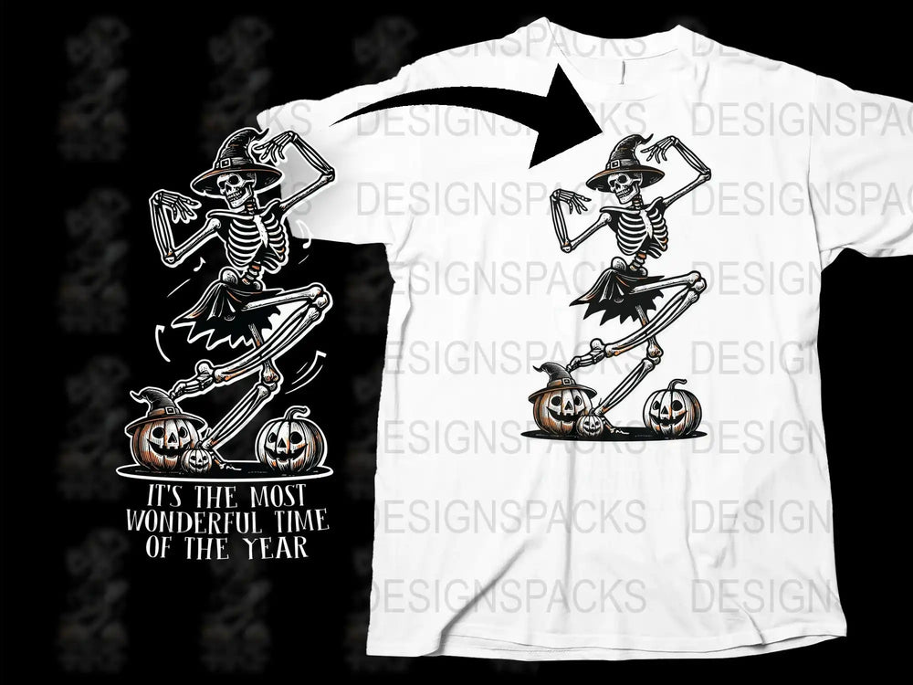 Halloween Skeleton T-Shirt Funny Spooky Dancing Graphic Tee Pumpkin Design Unisex Casual Streetwear