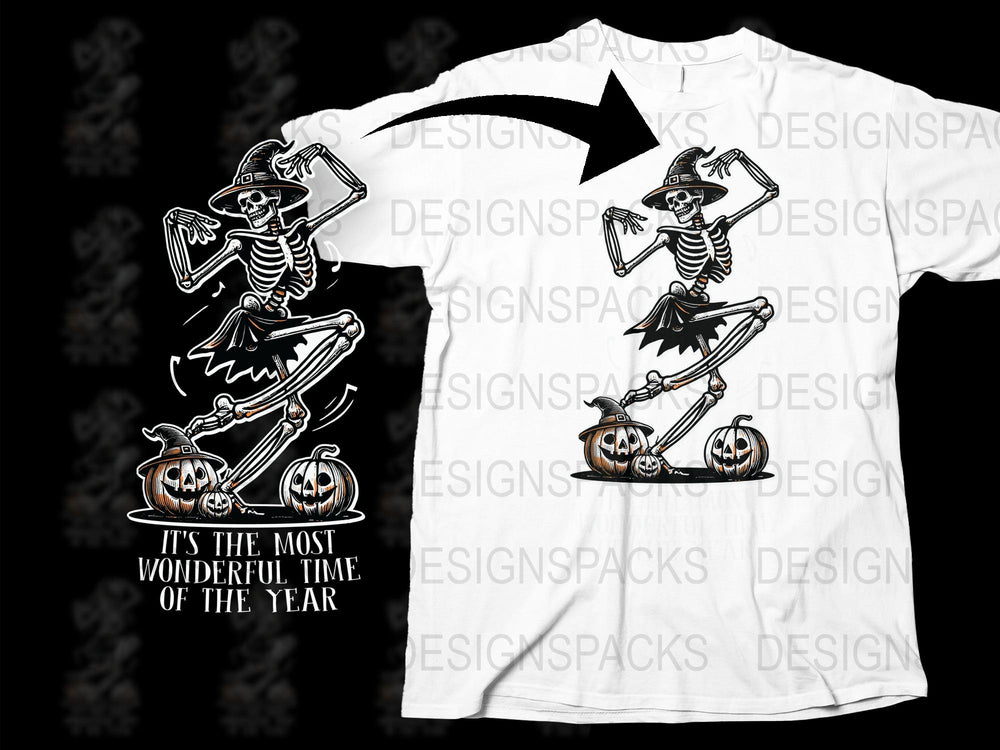 Halloween Skeleton T-Shirt Funny Spooky Dancing Graphic Tee Pumpkin Design Unisex Casual Streetwear