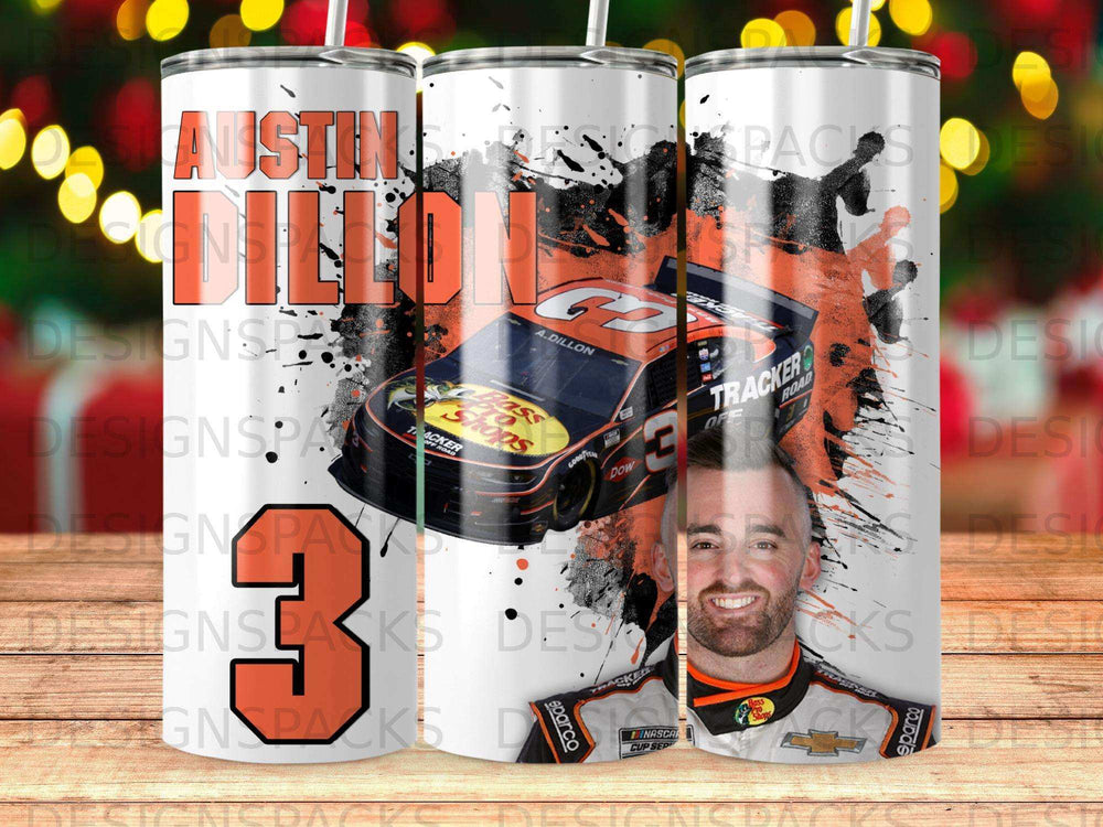 Austin Dillon #3 racing car, driver, and sponsor logos on a tumbler.