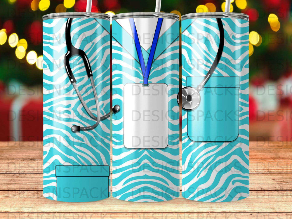 Blue and white zebra print tumbler with stethoscope and ID badge graphic.