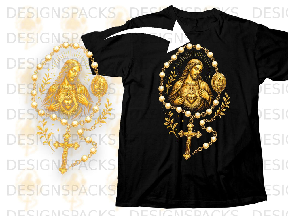 Black t-shirt with gold Sacred Heart of Jesus and cross design.