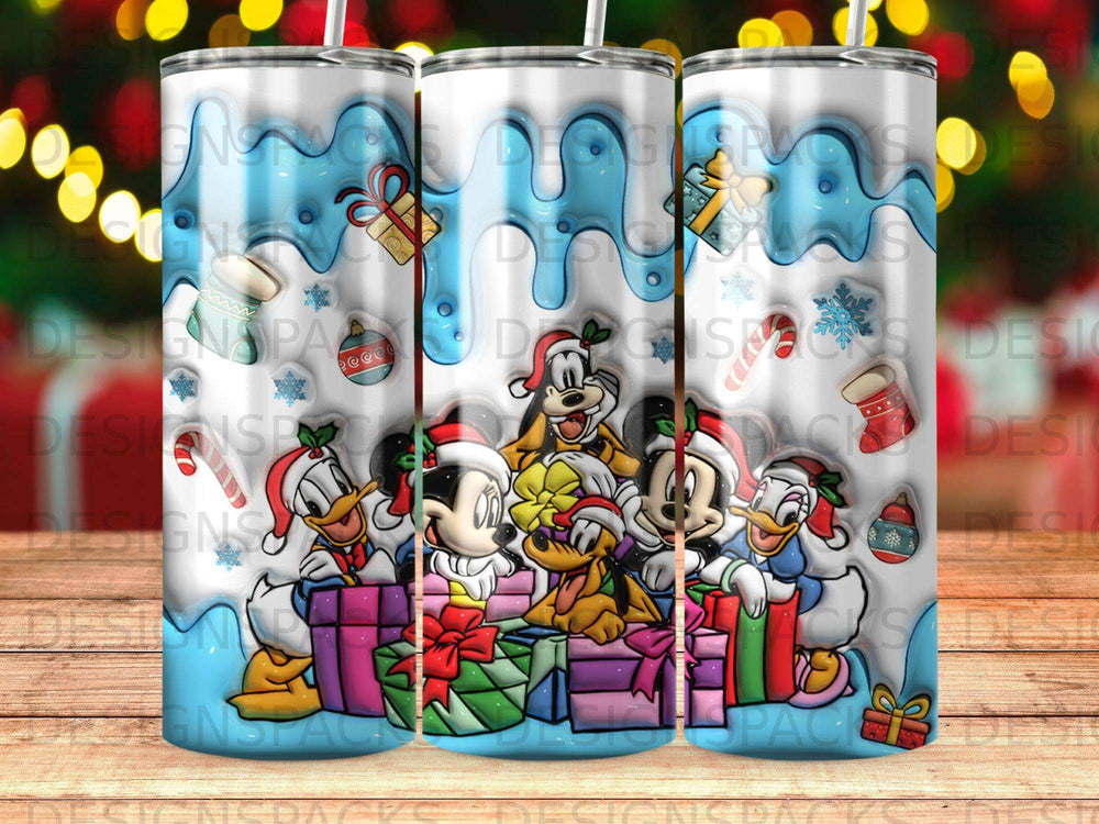 Disney characters in festive Santa hats with presents.
