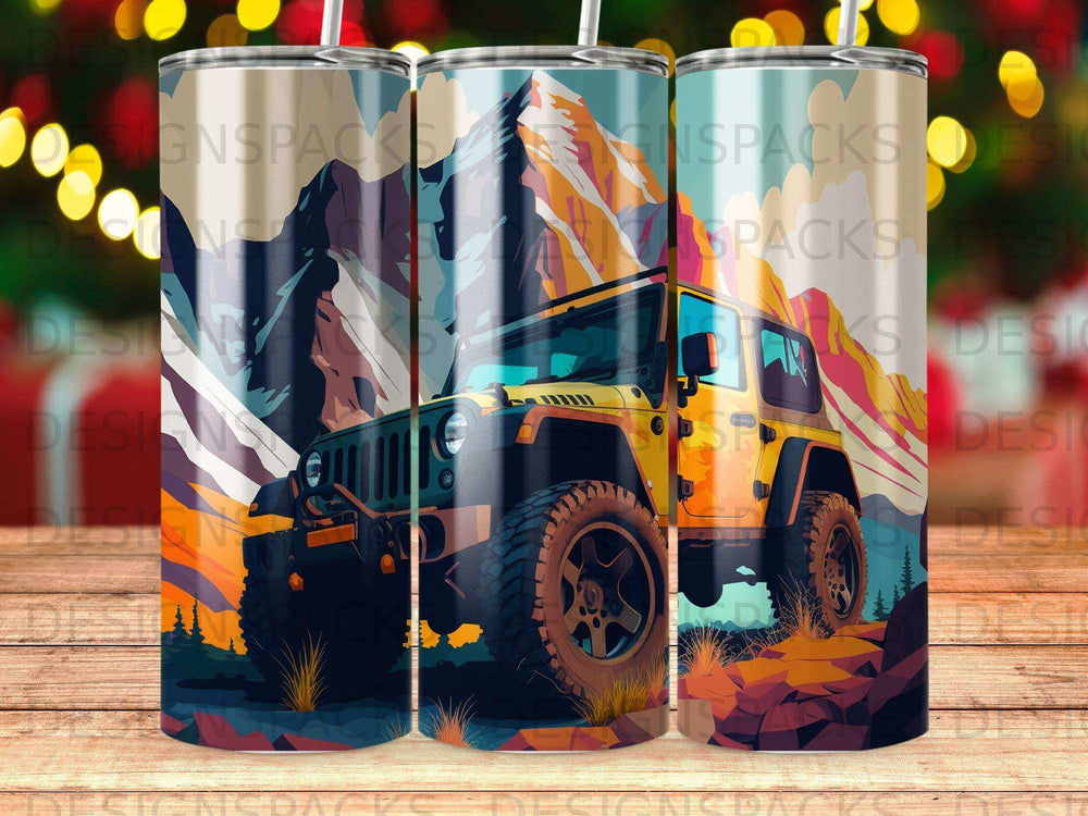 Yellow Jeep Wrangler off-roading with mountain landscape.