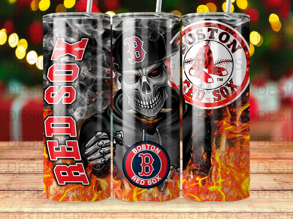 Boston Red Sox tumbler with skull graphic and fire elements.