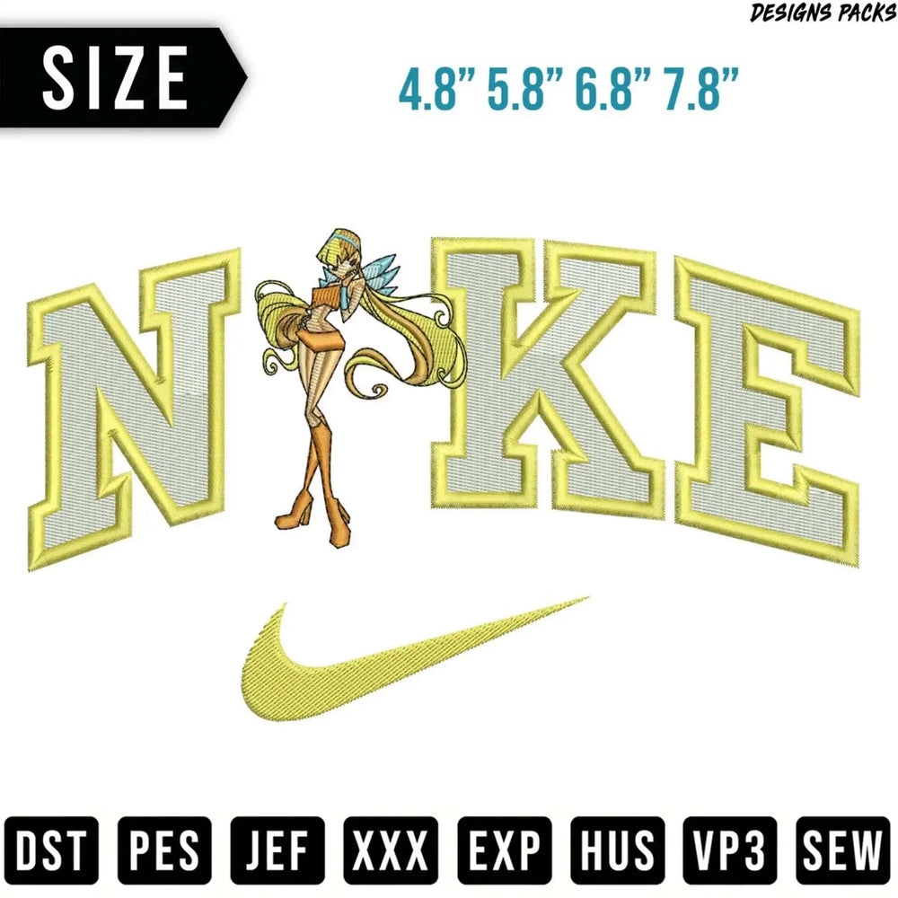 Nike logo with animated character and embroidery file formats.