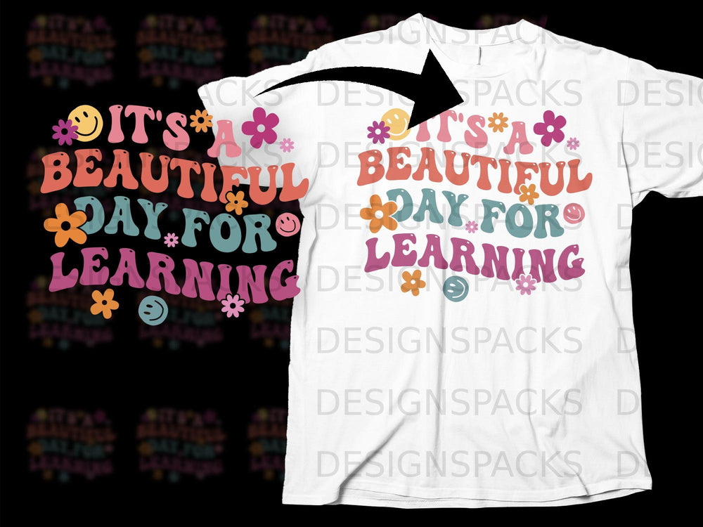 Retro graphic t-shirt design with text "It's a beautiful day for learning"