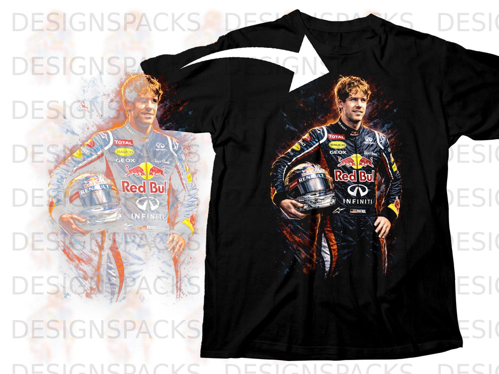 Black t-shirt with Red Bull racing driver Sebastian Vettel graphic print.