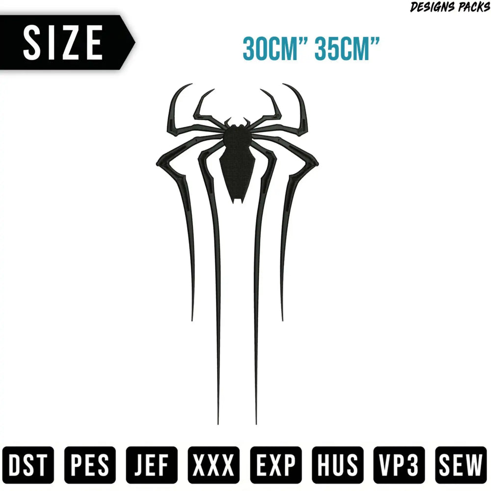 Spider-Man logo in black and white, 30cm x 35cm embroidery file formats.