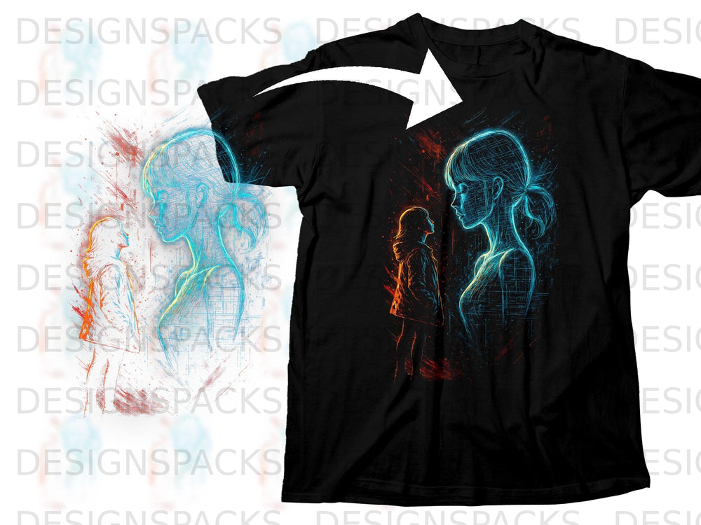 Black t-shirt with neon outline graphic of two figures facing each other.