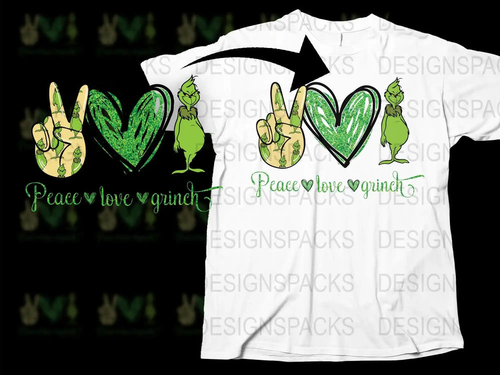 Grinch Themed T-Shirt, Peace Love Grinch, Holiday Graphic Tee, Christmas Party Outfit, Unisex White Top
