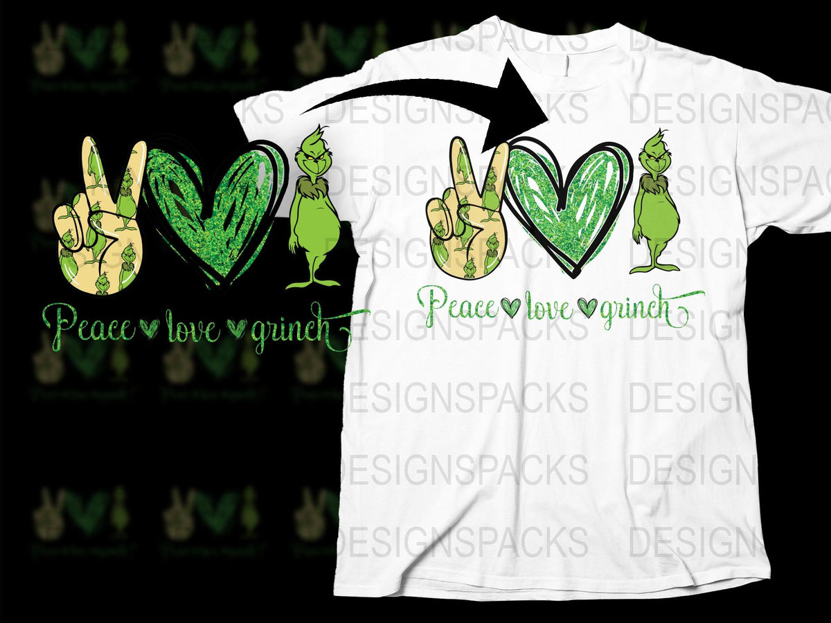 Grinch Themed T-Shirt, Peace Love Grinch, Holiday Graphic Tee, Christmas Party Outfit, Unisex White Top