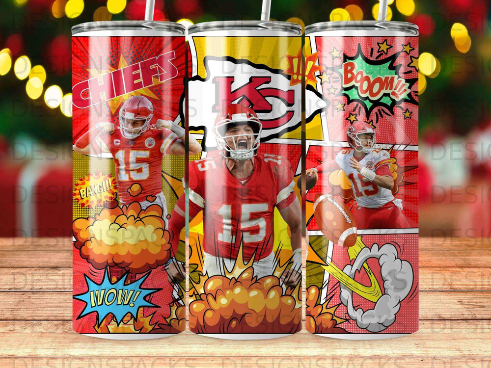 Kansas City Chiefs players in action with comic book style action graphics.