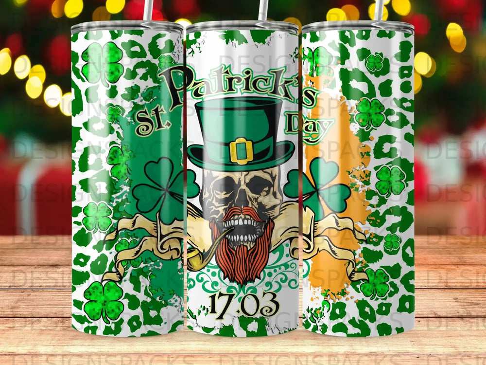 St. Patrick's Day tumbler with skull, top hat, and shamrocks.
