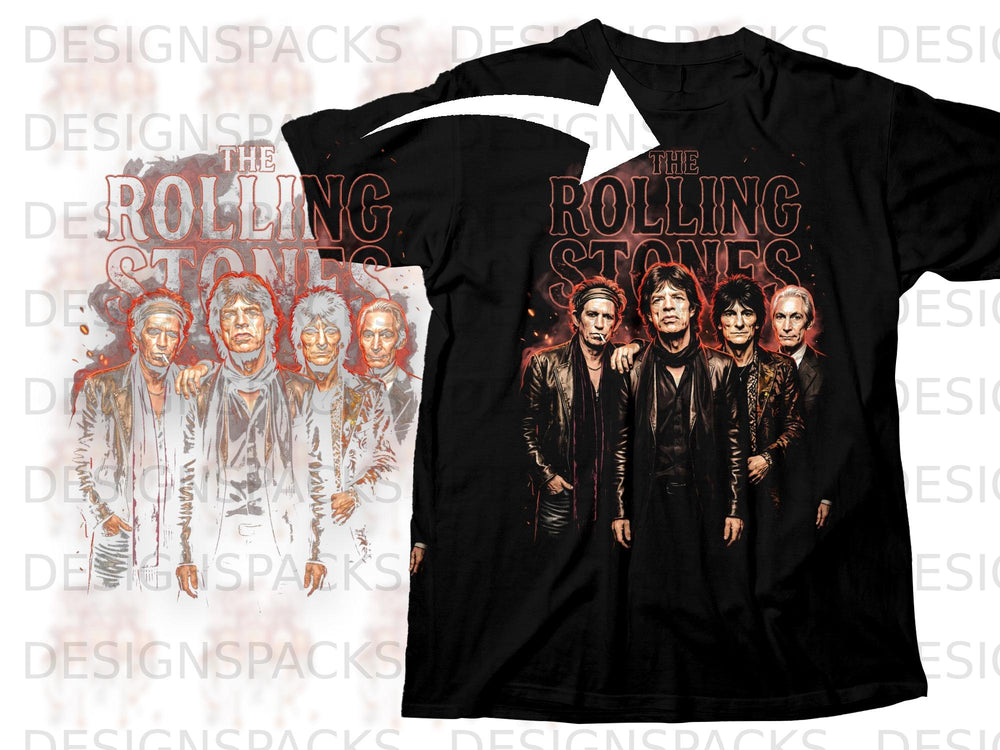 Black t-shirt with The Rolling Stones band members and logo graphic.