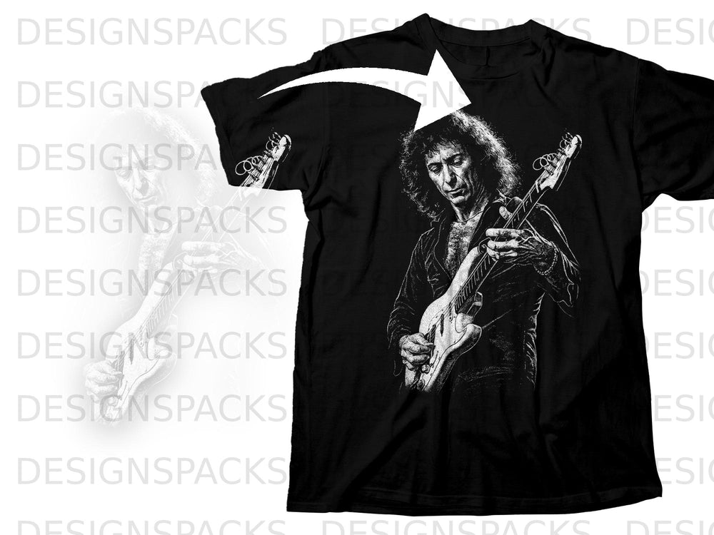 Black t-shirt with a sketch of a man playing a guitar.
