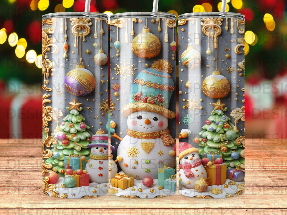 Three festive snowmen with presents and Christmas trees on a gray background.
