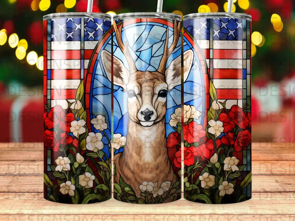 Deer in stained glass with American flag and floral accents.