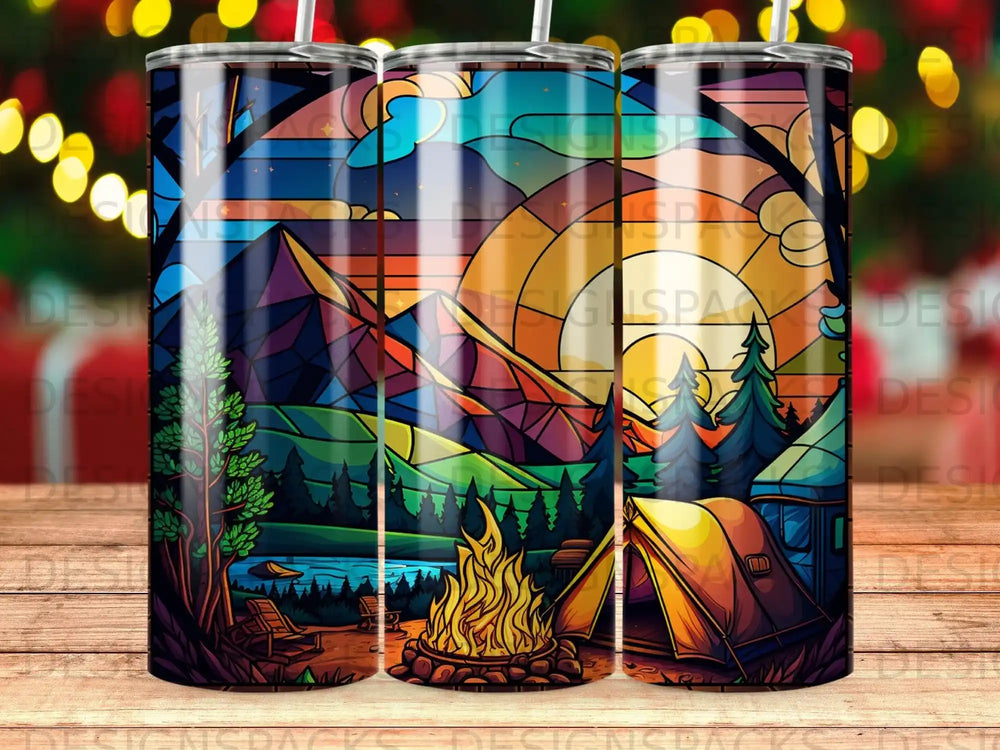 Colorful stained glass mountain landscape with campfire and tent.