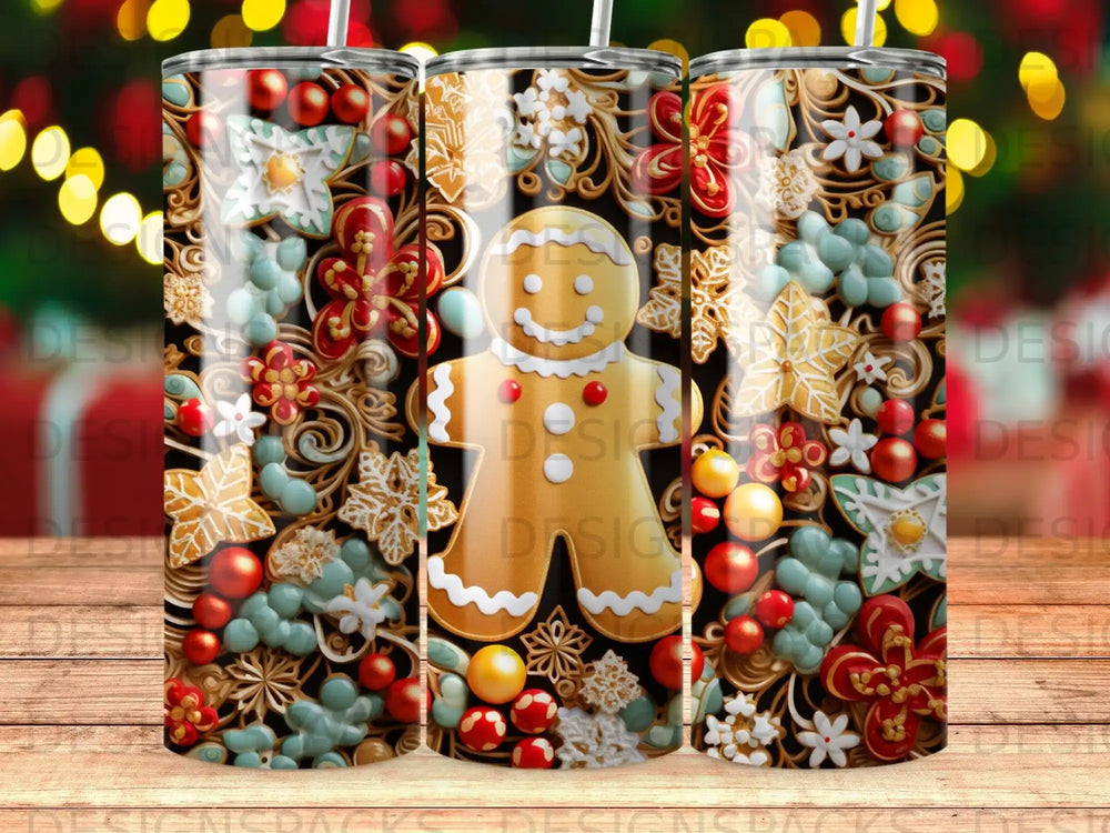 Gingerbread man with festive floral and snowflake holiday design.
