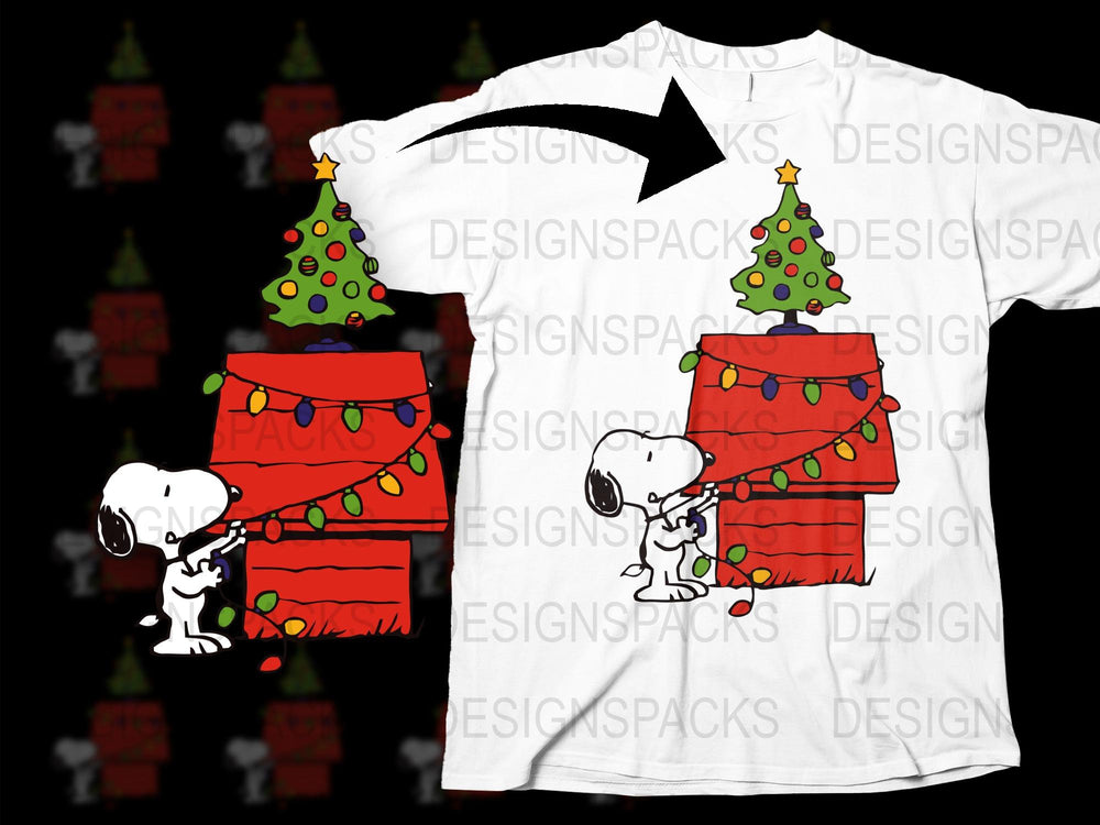 Snoopy Christmas T-Shirt, Cartoon Dog Decorating Tree, Festive Holiday Apparel, Unisex Graphic Tee
