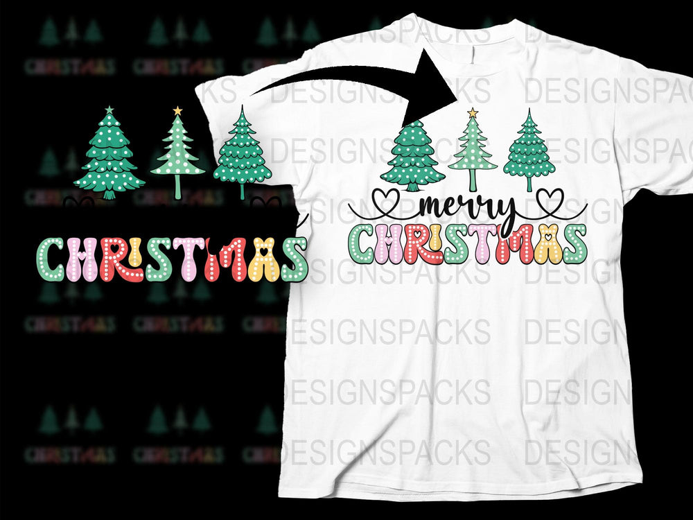 Festive Christmas Trees and Merry Christmas Text T-Shirt, Holiday Graphic Tee, Unisex Christmas Shirt for All Ages