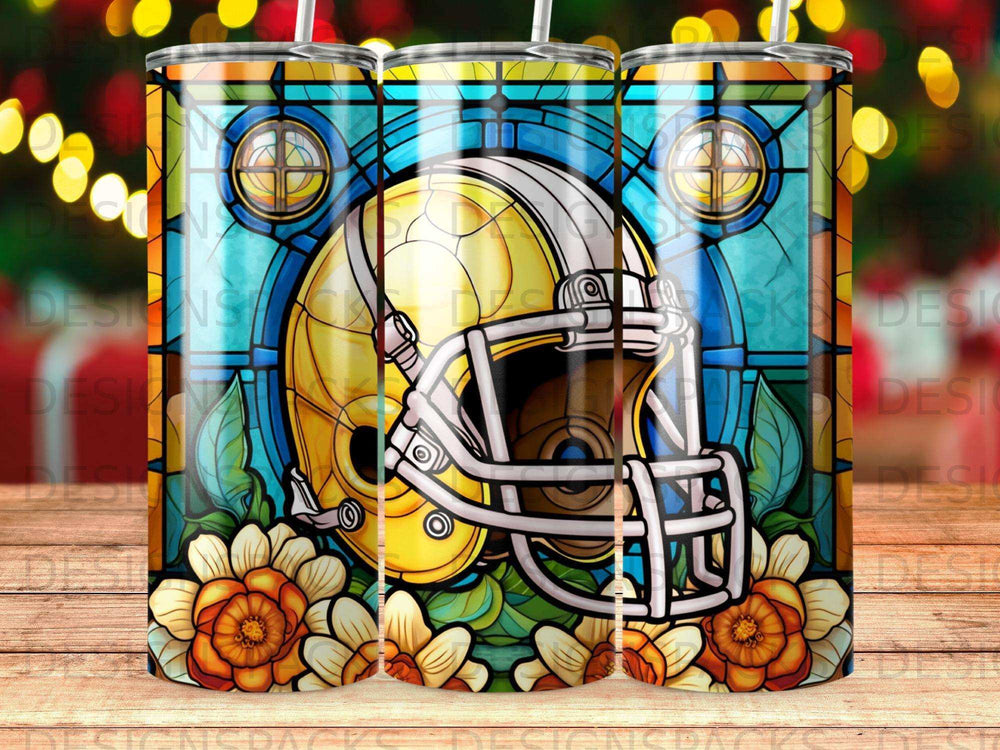 Yellow and blue stained glass football helmet with floral accents.