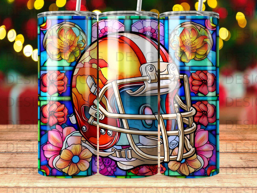 Red and gold football helmet surrounded by stained glass floral pattern.