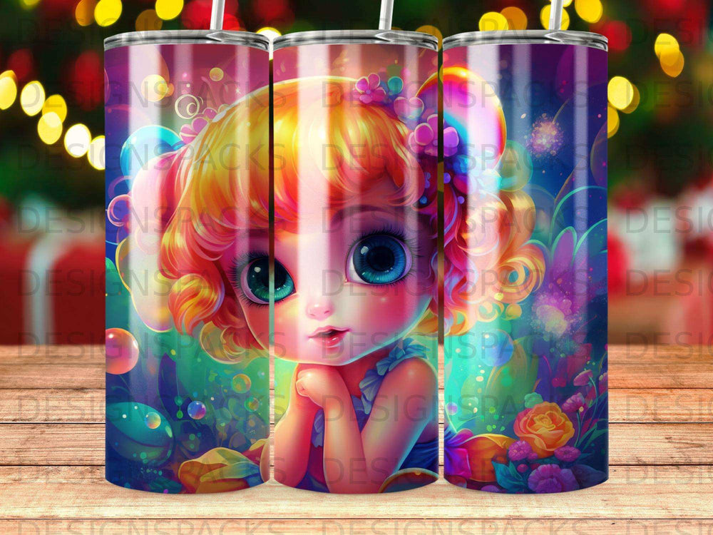 A stylized cartoon girl with large blue eyes and floral accessories.
