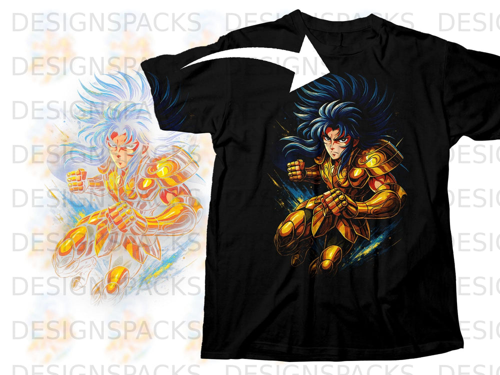 Black t-shirt with anime character in golden armor and blue hair.