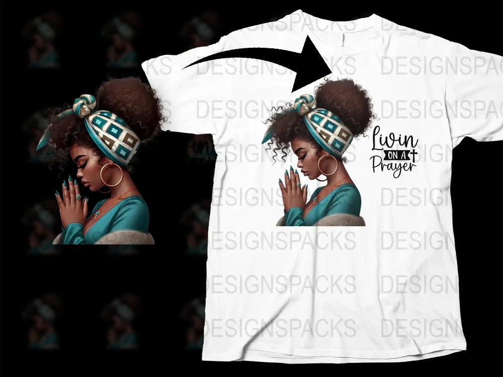 African American Woman Prayer Graphic T-Shirt, Spiritual Teal Headwrap, Faith Inspired Casual Wear, Unique Fashion Top