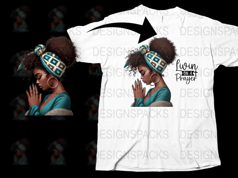 African American Woman Prayer Graphic T-Shirt, Spiritual Teal Headwrap, Faith Inspired Casual Wear, Unique Fashion Top