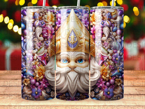 Santa Claus head with blue eyes, white beard, gold crown, surrounded by colorful flowers.