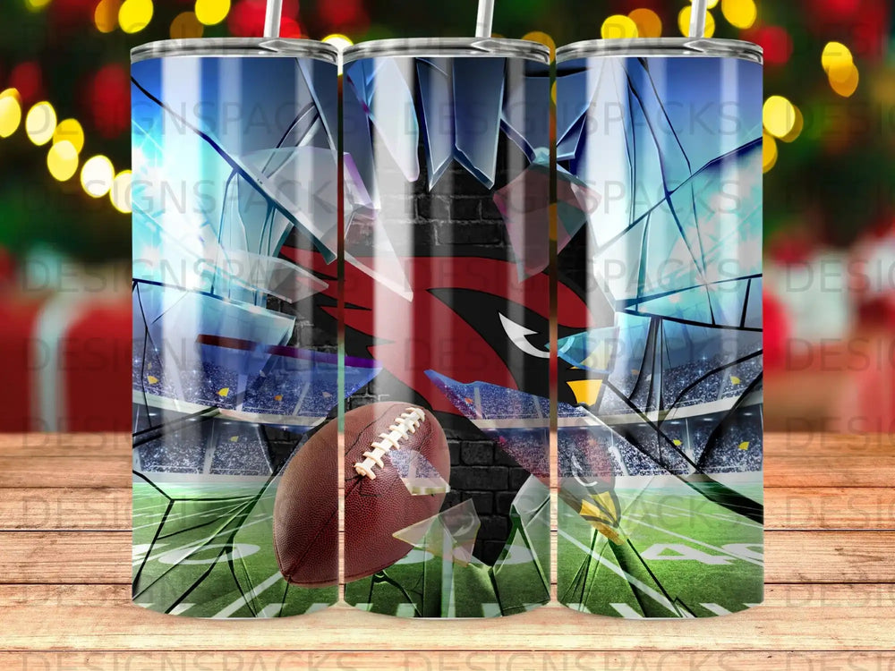 Arizona Cardinals football team logo and American football on shattered glass background.